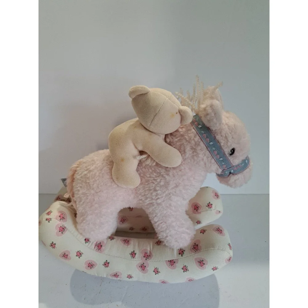 Baby Aurora Musical Rocking Horse Plush W/ Bear Pink‎ Floral Heart Victorian VTG